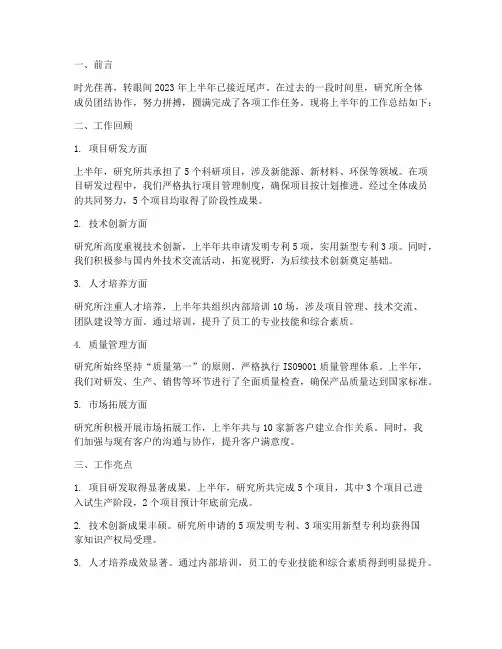 上半年研究所工作总结