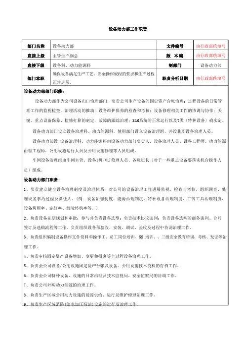 设备动力部职责及岗位说明书