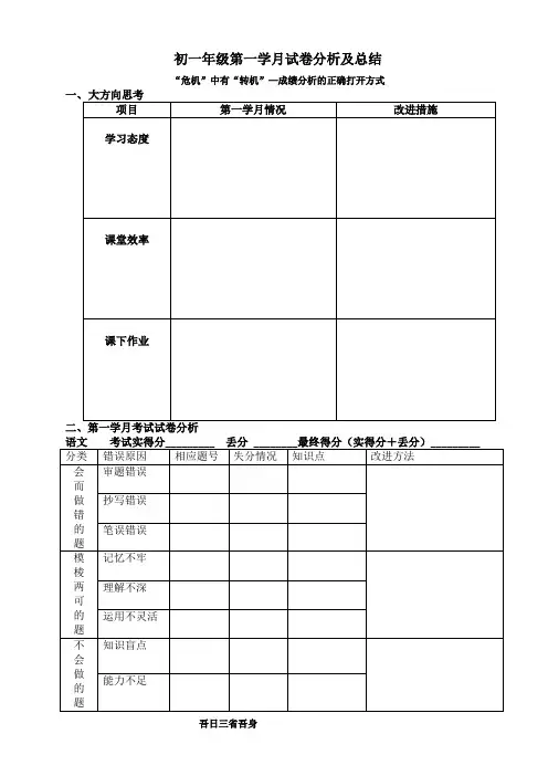 第一学月考试试卷分析表