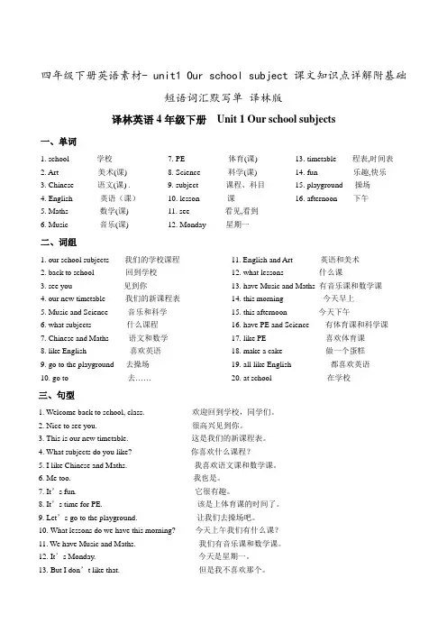 四年级下册英语素材- unit1 Our school subject 课文知识点详解附基础短语词汇默写单 译林版[知识点梳理]