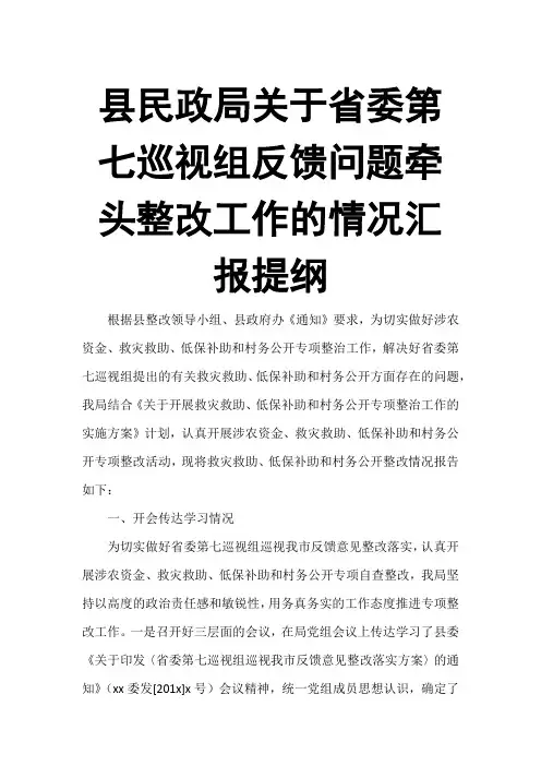 县民政局关于省委第七巡视组反馈问题牵头整改工作的情况汇报提纲