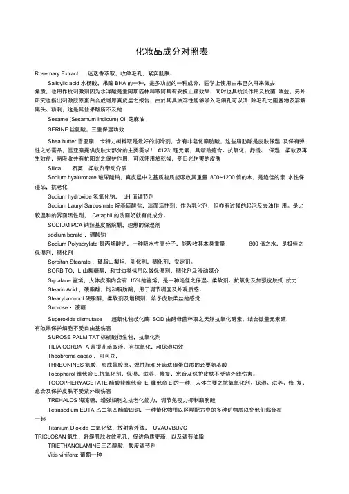 化妆品成分表
