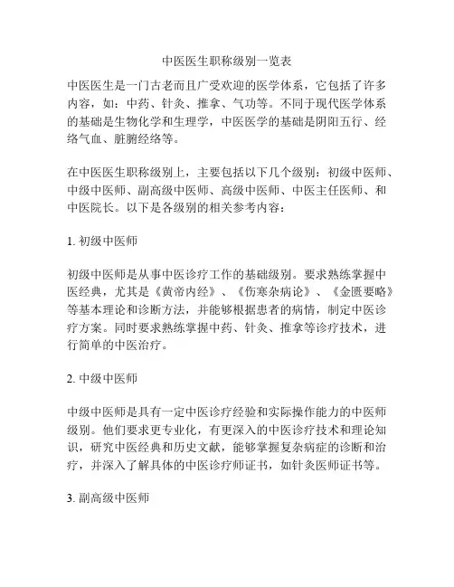 中医医生职称级别一览表