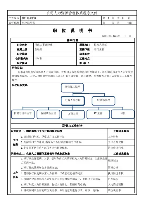 行政人事部经理职位说明书