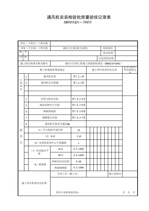 通风机安装检验批质量验收记录表I
