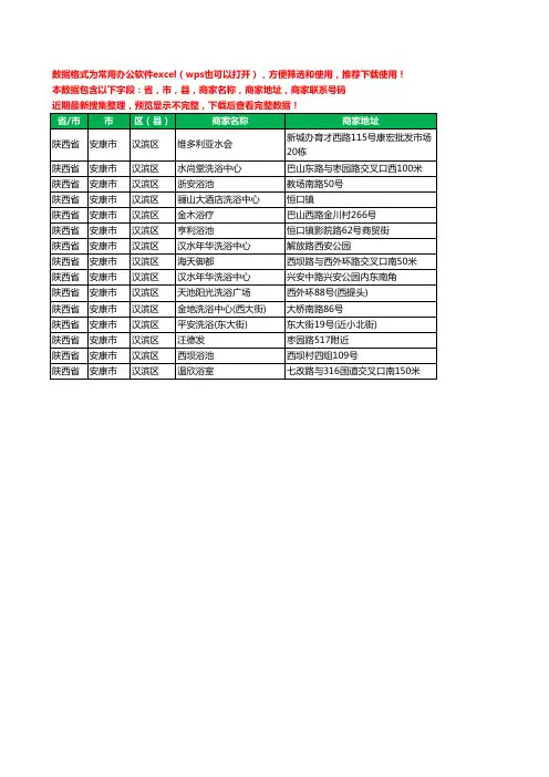 2020新版陕西省安康市汉滨区洗浴工商企业公司商家名录名单黄页联系电话号码地址大全15家