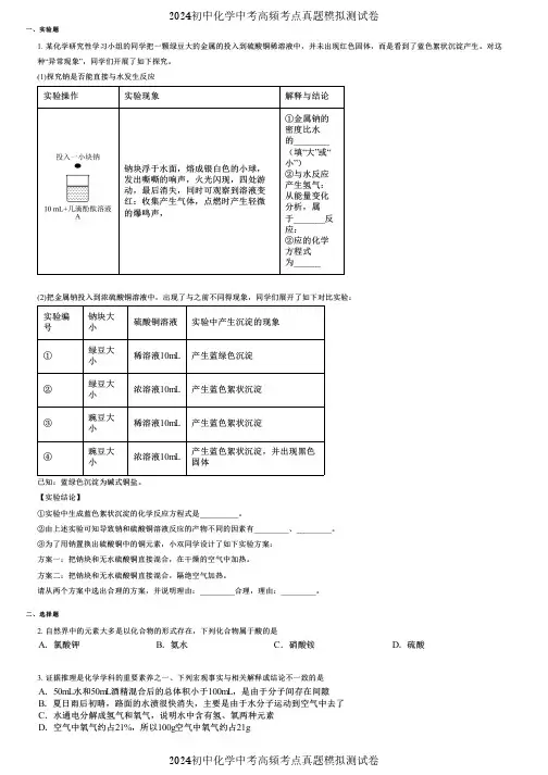2024初中化学中考高频考点真题模拟测试卷 (2941)