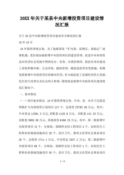 2019年关于某县中央新增投资项目建设情况汇报