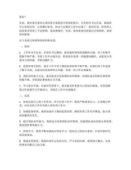 书记引咎辞职报告书