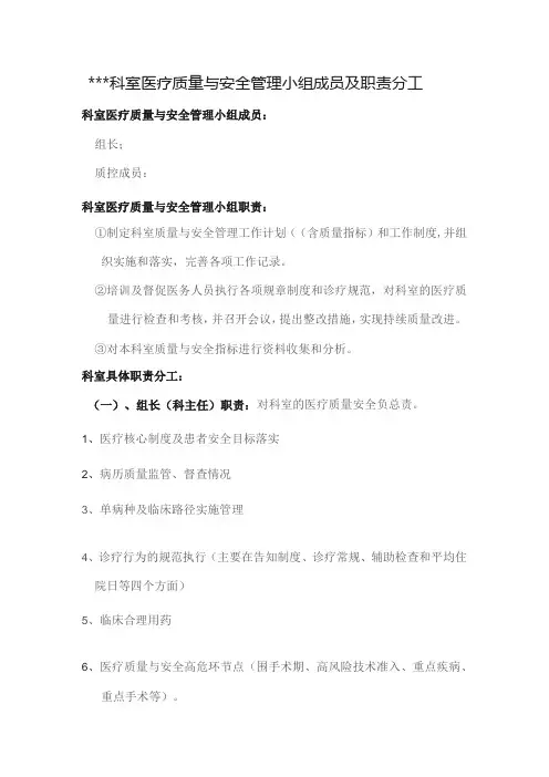 模板：科室医疗质量与安全管理小组成员及职责分工