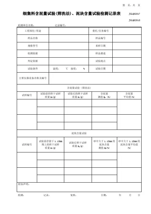 细集料含泥量、泥块含量试验检测记录表
