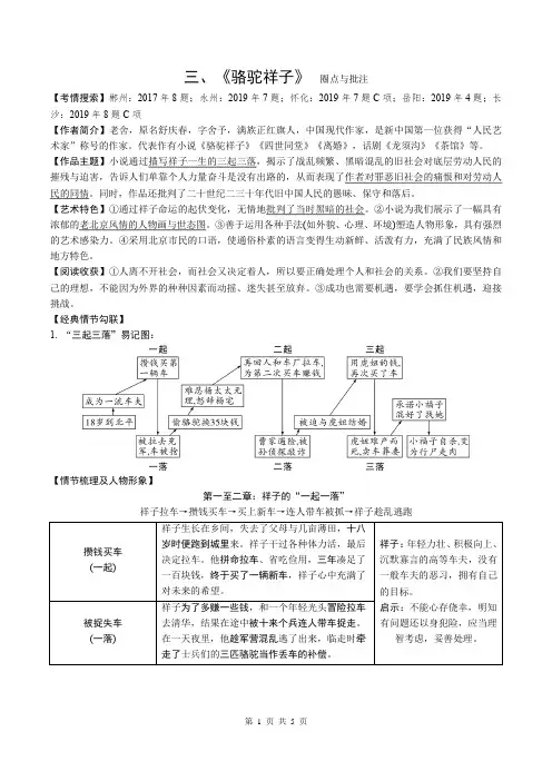 2020年湖南省中考语文名著阅读：《骆驼祥子》