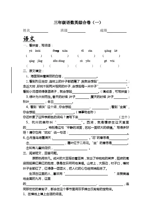 三年级语数英综合卷(一)