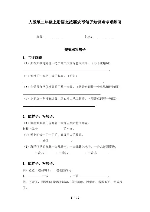 人教版二年级上册语文按要求写句子知识点专项练习