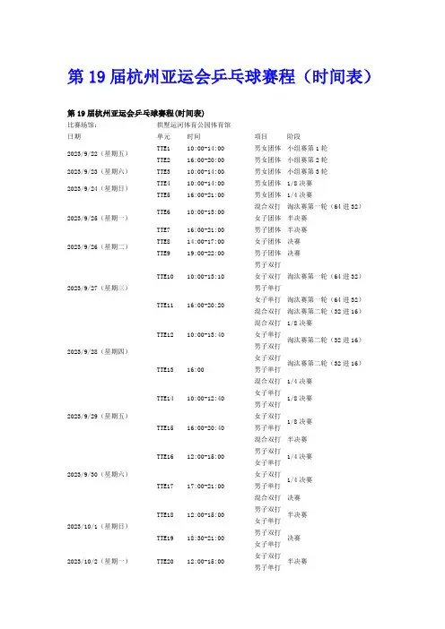 第19届杭州亚运会乒乓球赛程(时间表)