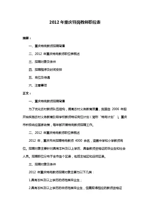 2012年重庆特岗教师职位表