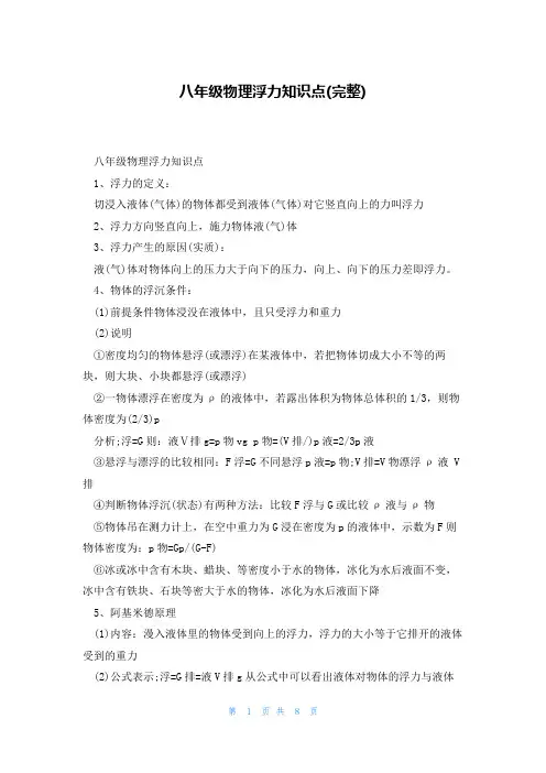 八年级物理浮力知识点(完整)