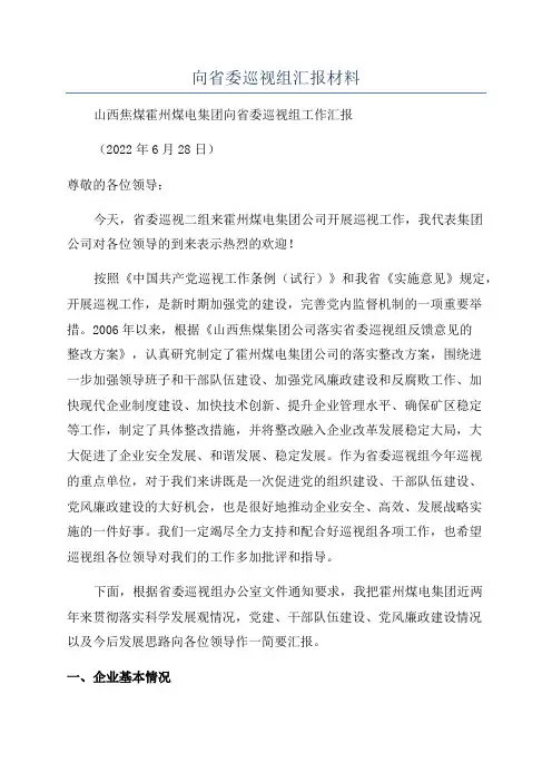 向省委巡视组汇报材料