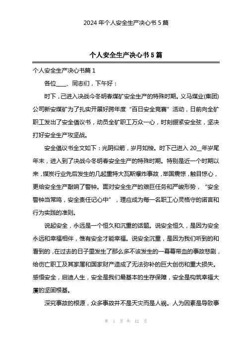 2024年个人安全生产决心书5篇
