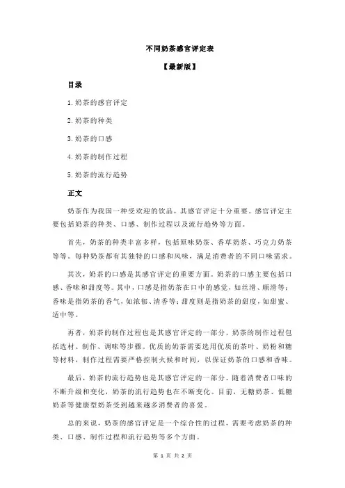 不同奶茶感官评定表