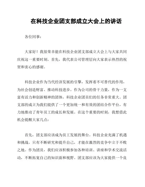 在科技企业团支部成立大会上的讲话