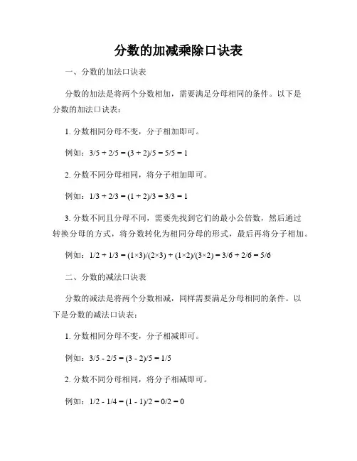 分数的加减乘除口诀表