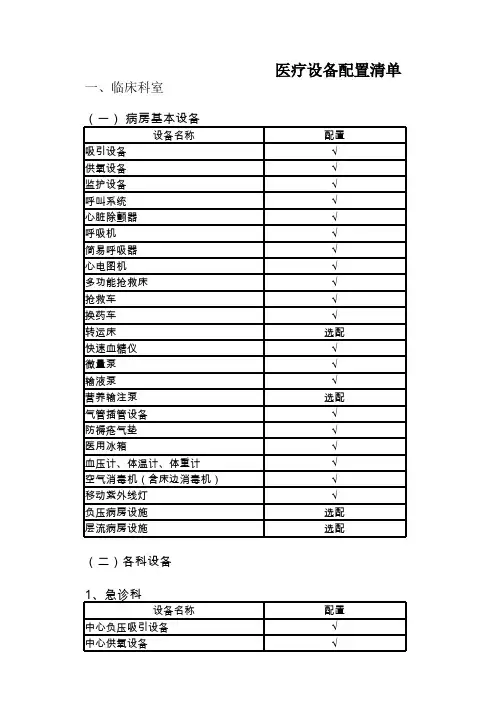 医疗设备配置清单中英文对照