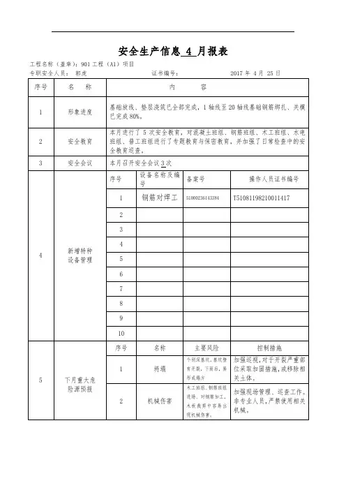 901-A1安全生产信息月报