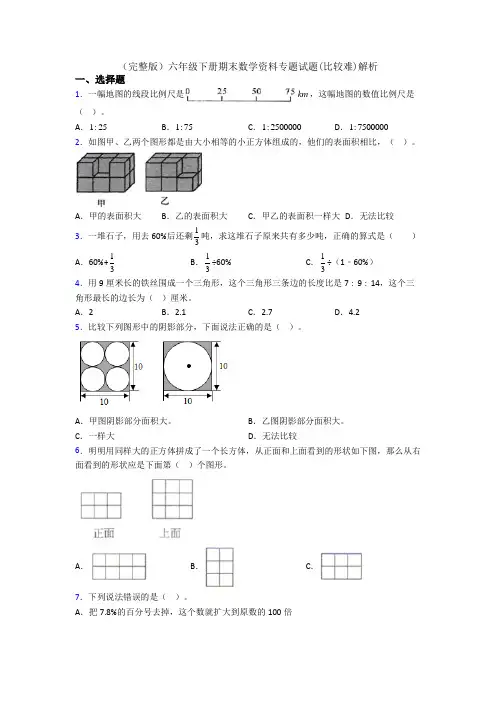 (完整版)六年级下册期末数学资料专题试题(比较难)解析