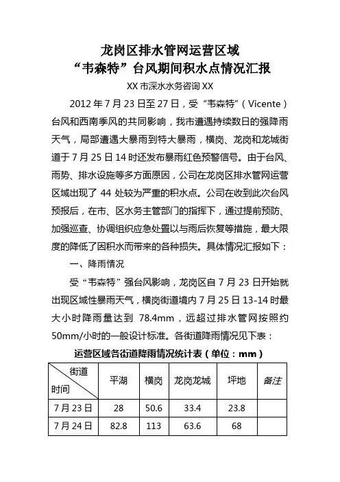 深水咨询0079排水管网运营区域台风“韦森特”期间易涝点积水情况汇报