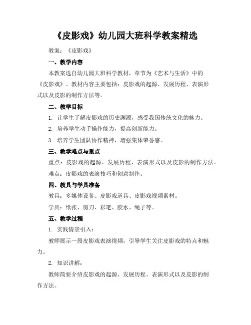 《皮影戏》幼儿园大班科学教案精选