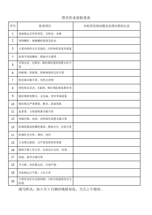 塔吊作业前检查表(自检)