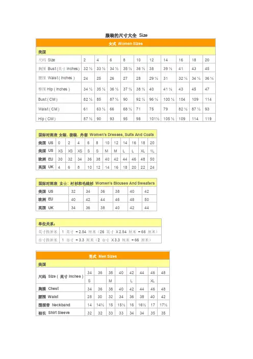 美国英国中国服装尺码大全和对比
