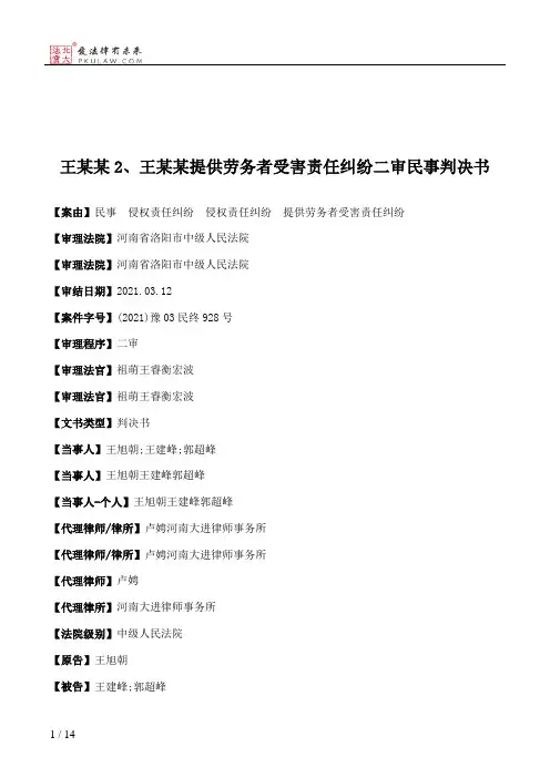 王某某2、王某某提供劳务者受害责任纠纷二审民事判决书