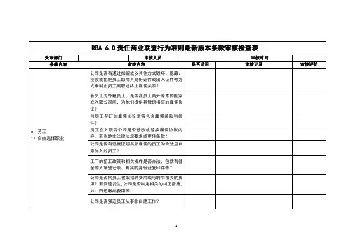 管理体系审核检查表  2020年RBA 6.0 责任商业联盟行为准则