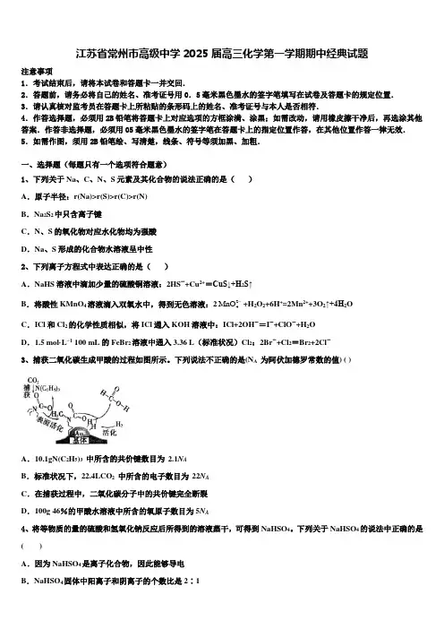江苏省常州市高级中学2025届高三化学第一学期期中经典试题含解析