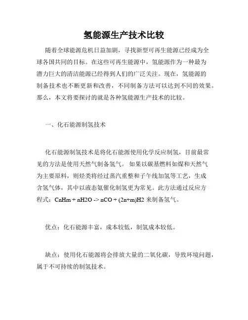 氢能源生产技术比较
