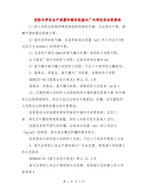 危险化学品生产装置和储存设施与厂内周边安全距离表