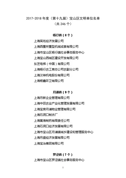 2017-2018年度(第十九届)宝山区文明单位名单