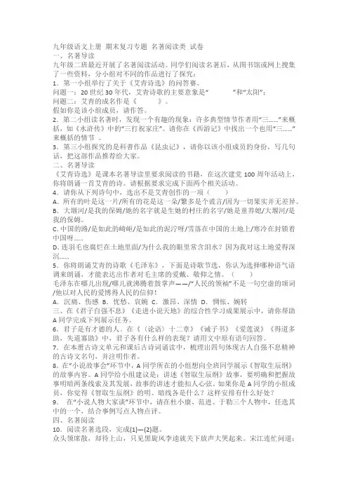 九年级语文上册 期末复习专题：名著阅读类试卷(含答案解析)
