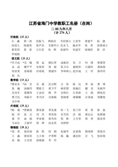 江苏省海门中学教职工名册(在岗)
