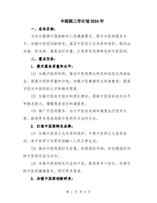 中医院工作计划2024年
