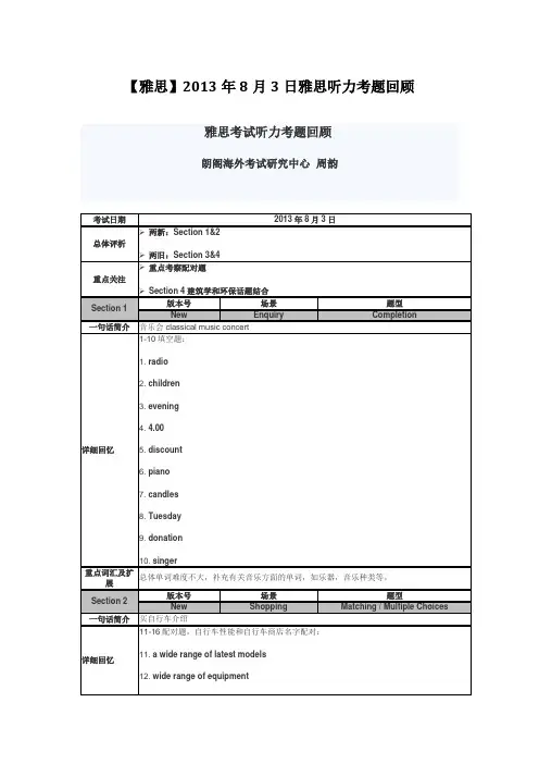 【雅思】2013年8月3日雅思听力考题回顾