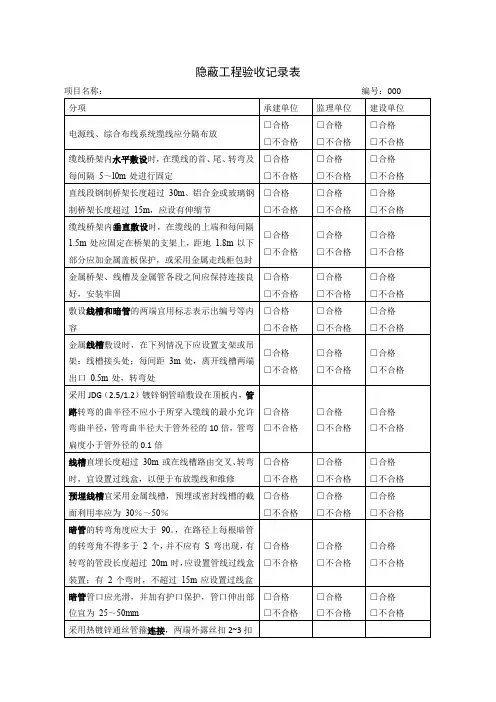 附表：综合布线隐蔽工程验收记录表