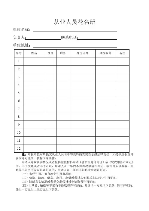 食品从业人员花名册