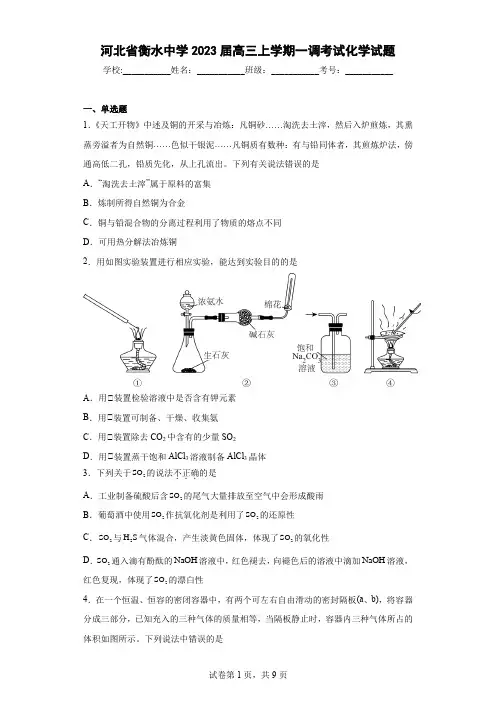 河北省衡水中学2023届高三上学期一调考试化学试题