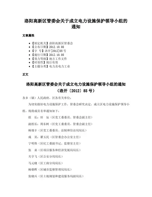 洛阳高新区管委会关于成立电力设施保护领导小组的通知