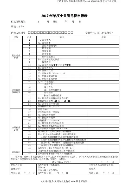 2017年企业所得税年度申报表A类