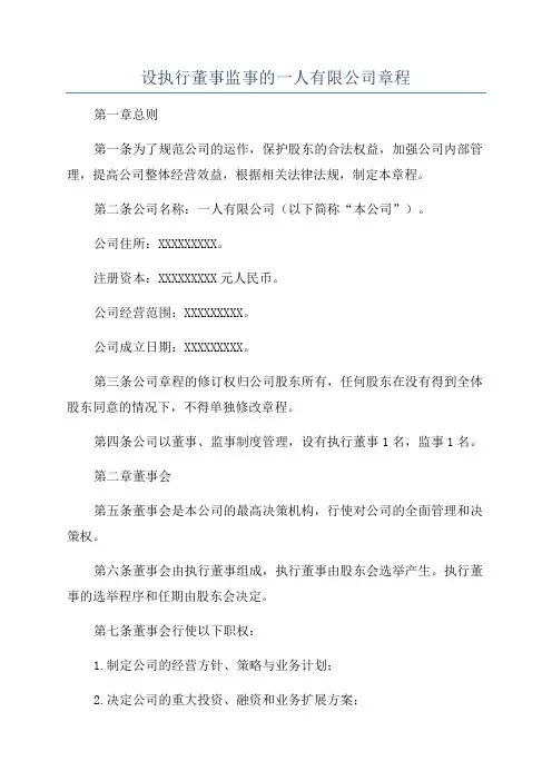 设执行董事监事的一人有限公司章程