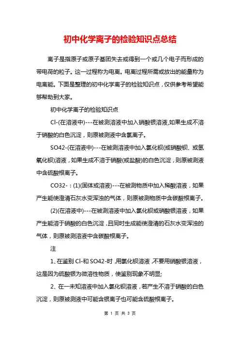 初中化学离子的检验知识点总结